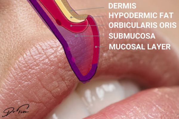 Cross-sectional diagram of lip anatomy showing five distinct layers from dermis through hypodermic fat, orbicularis oris muscle, submucosa to mucosal layer for safe filler injection technique